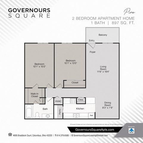 Floor plan for 2 beds, 1 bath, 897 sqft